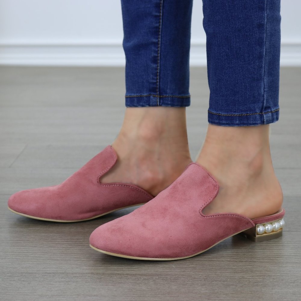 Suede Slip On Loafer Mule Pearl Accents on Heel - Picture 9 of 9